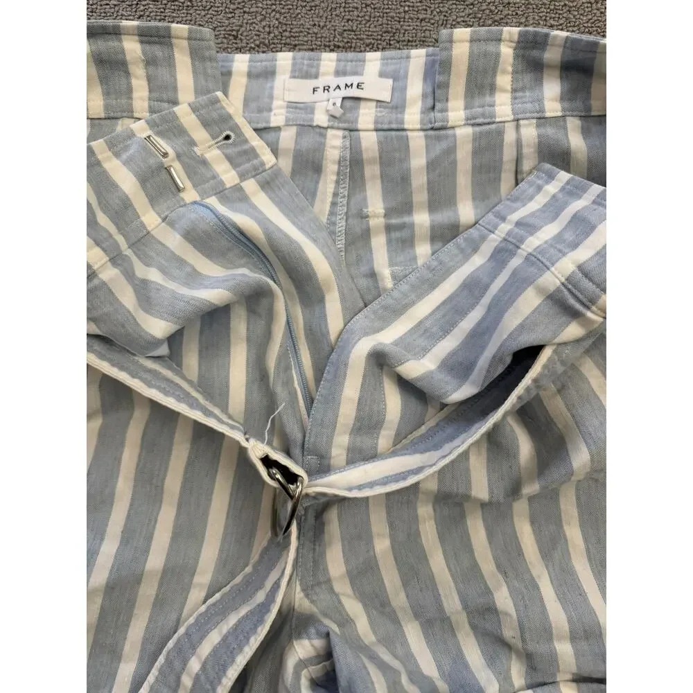 FRAME Women's 6 Casual Linen‎ Blend Shorts Chambray Light Blue Stripe